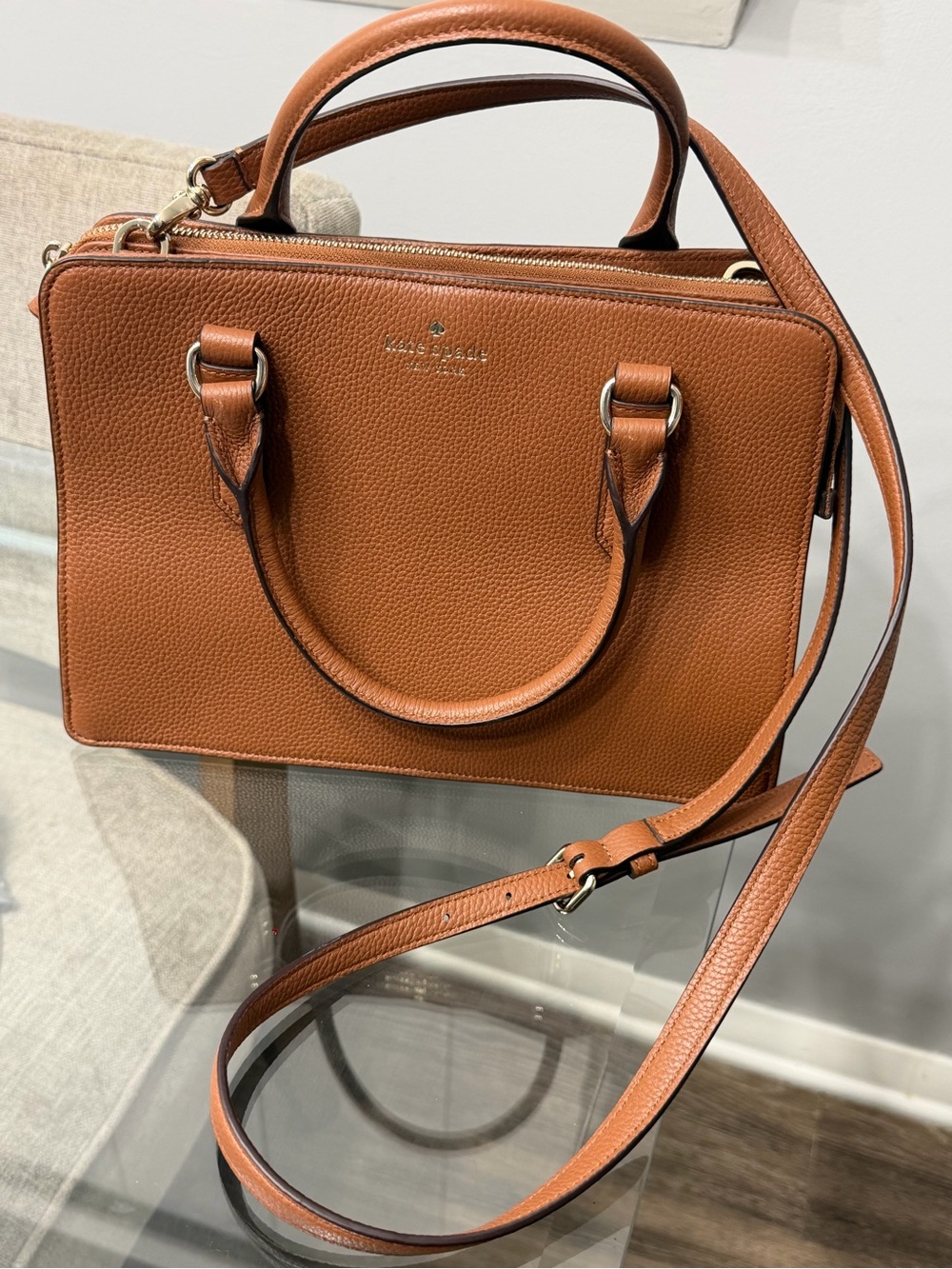 kate spade cognac pebble leather satchel with crossbody strap